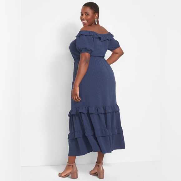 Lane Bryant Maxi Dress 24 Blue Swiss Dot Ruffle Tiered Off-Shoulder - Picture 2 of 7